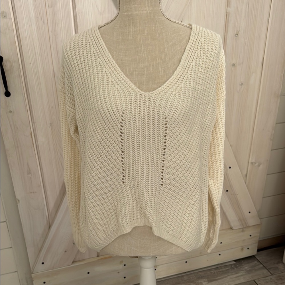 Cream V-Neck Knit Sweater